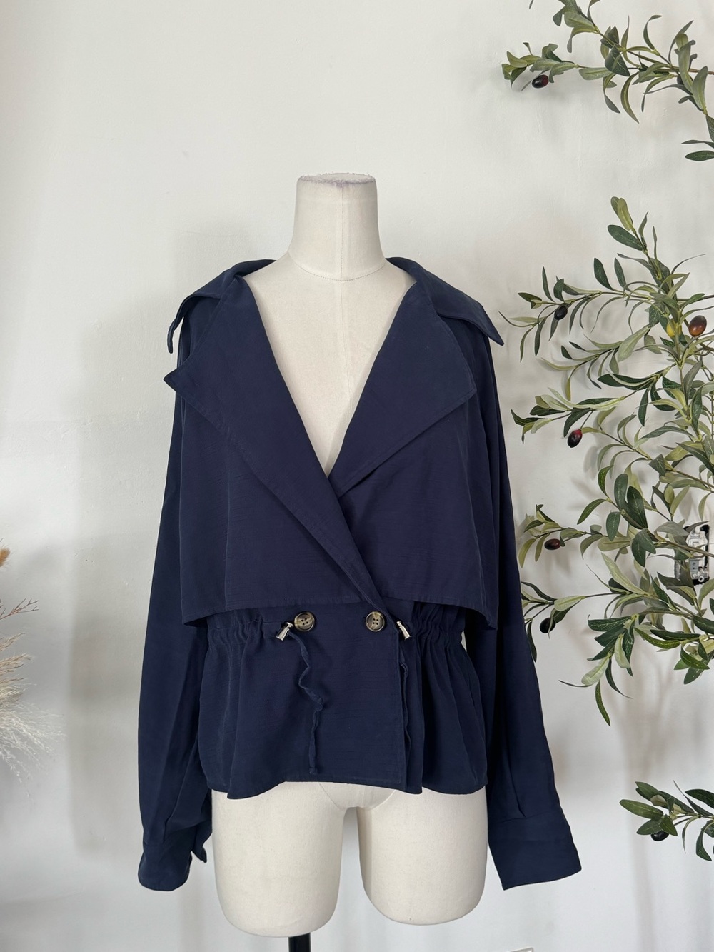 TWRHLL Navy Draped Utility Jacket Size M Lightweight Drawstring Waist